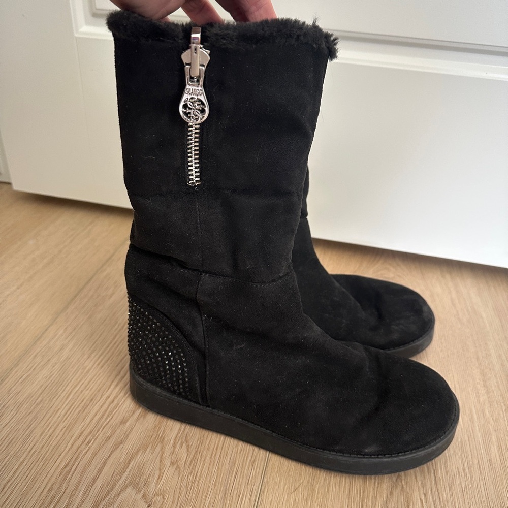 Guess Black Suede Winter Boots with Fur Trim and Studded Heel